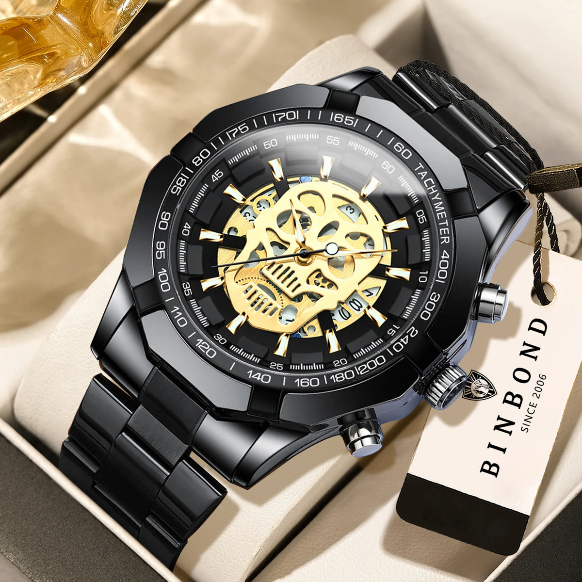 BINBOND-polshorloge voor heren, met skelet-schedelmotief, nauwkeurig quartz-uurwerk, luxueus, verlicht, waterdicht, met automatische datumweergave, robuust.