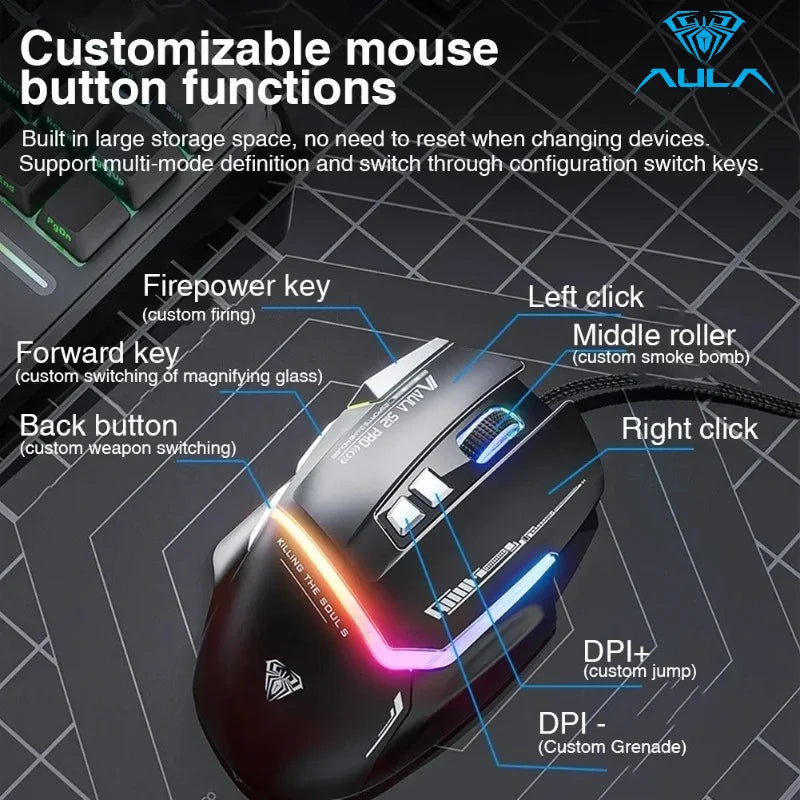 Mouse meccanico cablato AULA S12Pro 1000HZ 12800DPI RGB a bassa latenza con macro personalizzabili, mouse da gaming esports, accessori per PC gamer