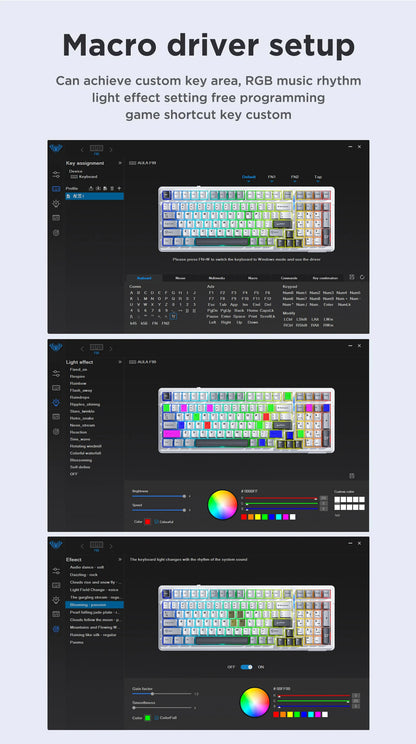 Teclado mecánico gaming Aula F99 de 99 teclas, tres modos: 2.4g inalámbrico, Bluetooth y cableado, hot swap, PBT, gasket y RGB para juegos y escritura