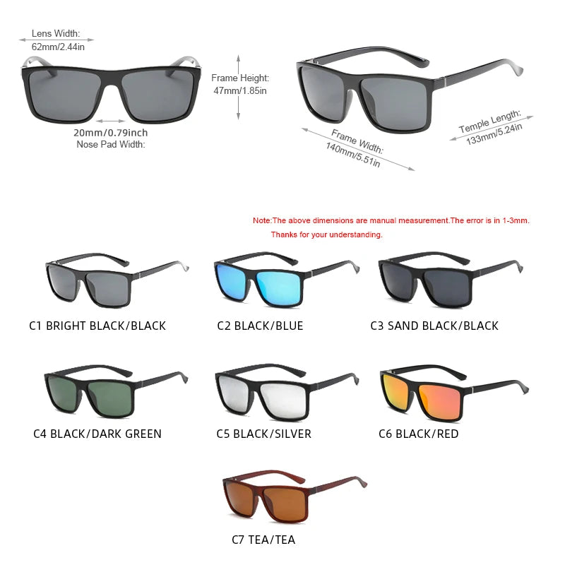 Classic Black Square Polarized Sunglasses Men Fashion Mirror Blue Sun Glasses Unisex Vintage Anti Glare Driving Shades UV400