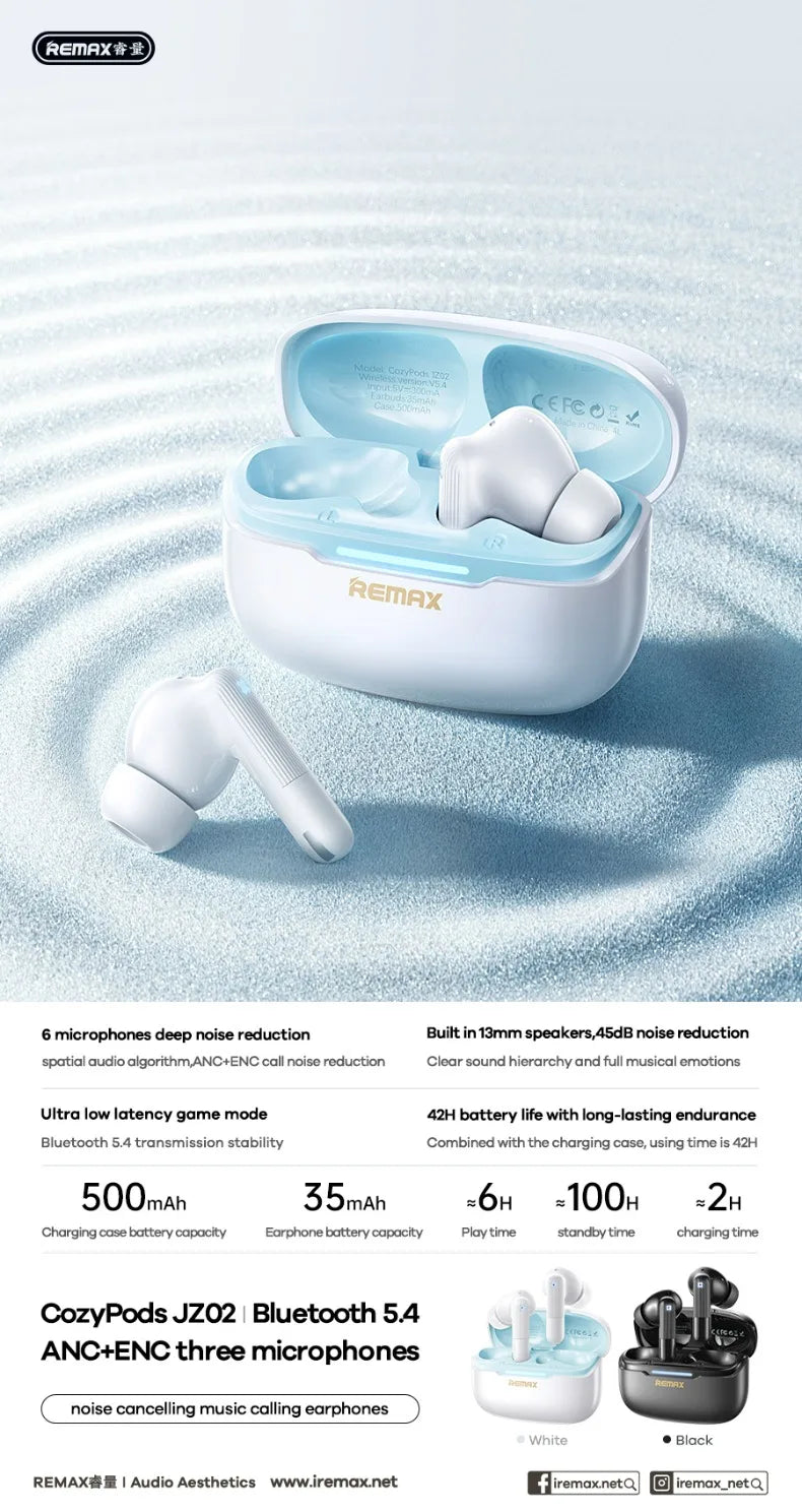 Écouteurs sans fil Remax ANC, réduction de bruit de 45 dB, 6 micros, ENC, appels HD, Cozypods JZ02, mode gaming, faible latence, 42h