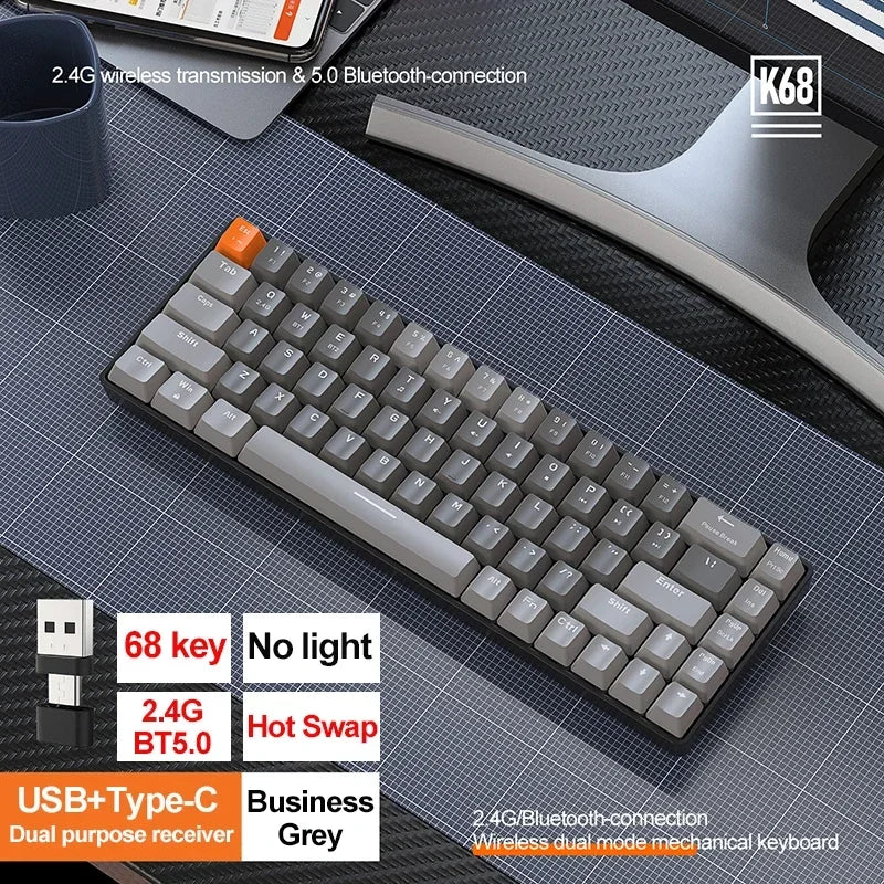 K68 2.4G/BT5.0 Wireless Gaming Mechanical Keyboard 68 Keys Hotswap Mini Gaming Mechanical Keyboard PBT Keycaps 65% Keyboards