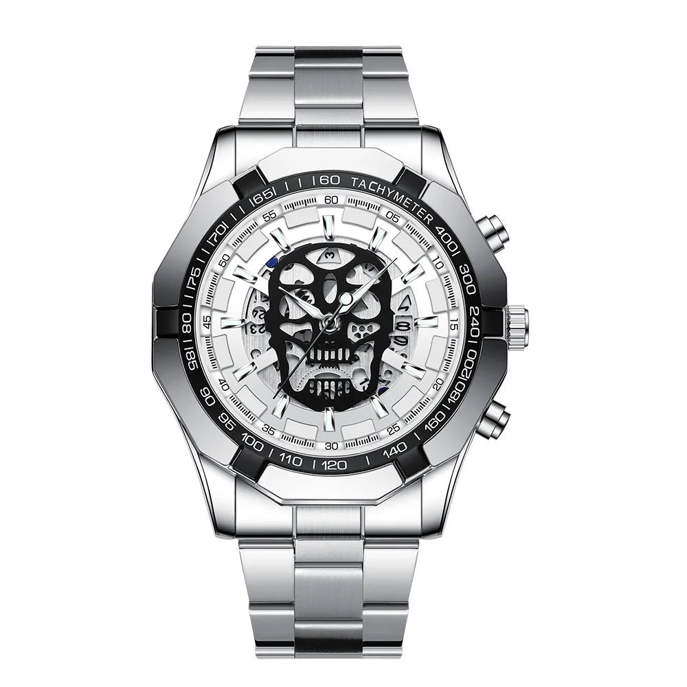 BINBOND-polshorloge voor heren, met skelet-schedelmotief, nauwkeurig quartz-uurwerk, luxueus, verlicht, waterdicht, met automatische datumweergave, robuust.