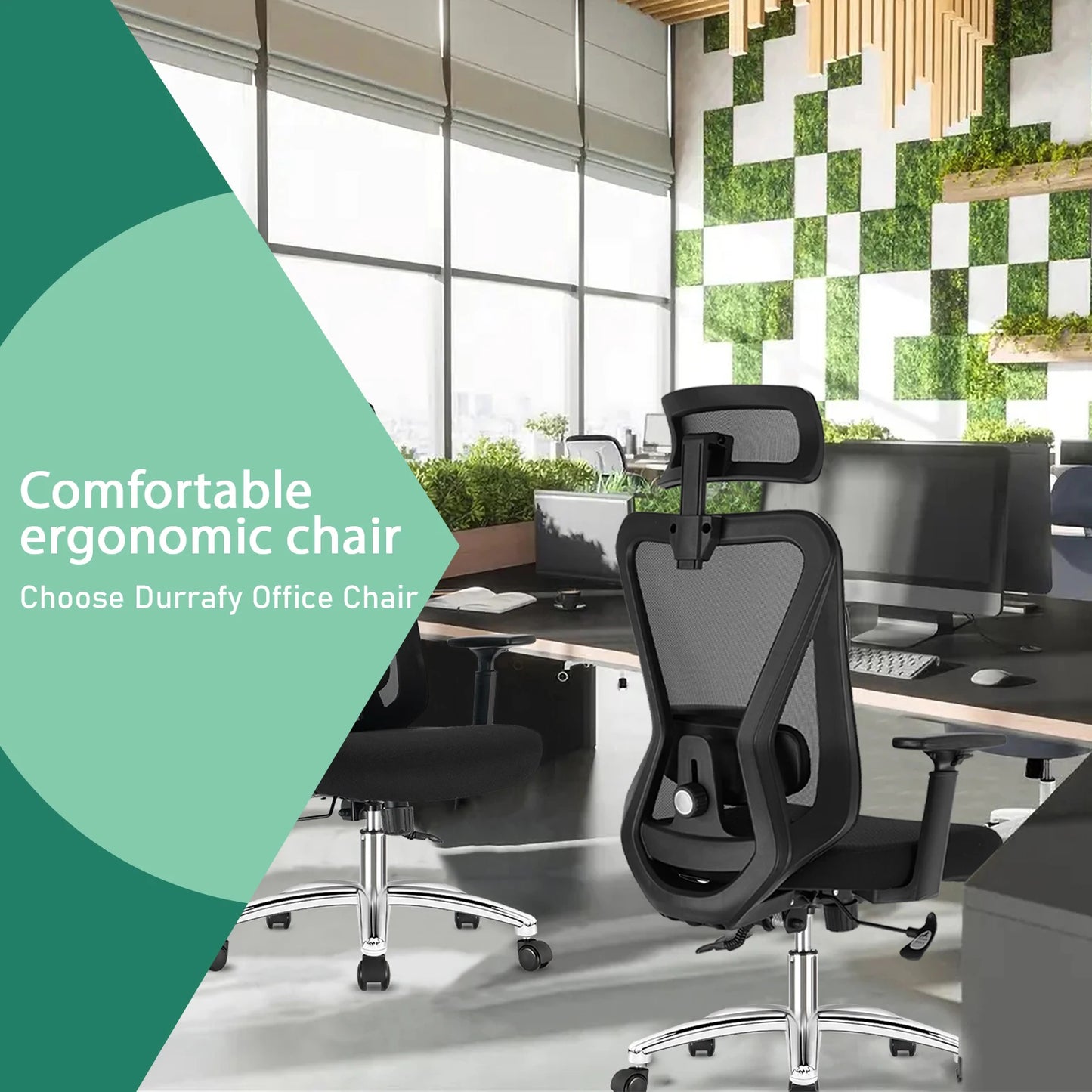 Durrafy Ergonomic Office Chair, Desk Chair With Headrest, Armrests, Swivel Chairs With 90°-130° Reclining Function (Lockable)