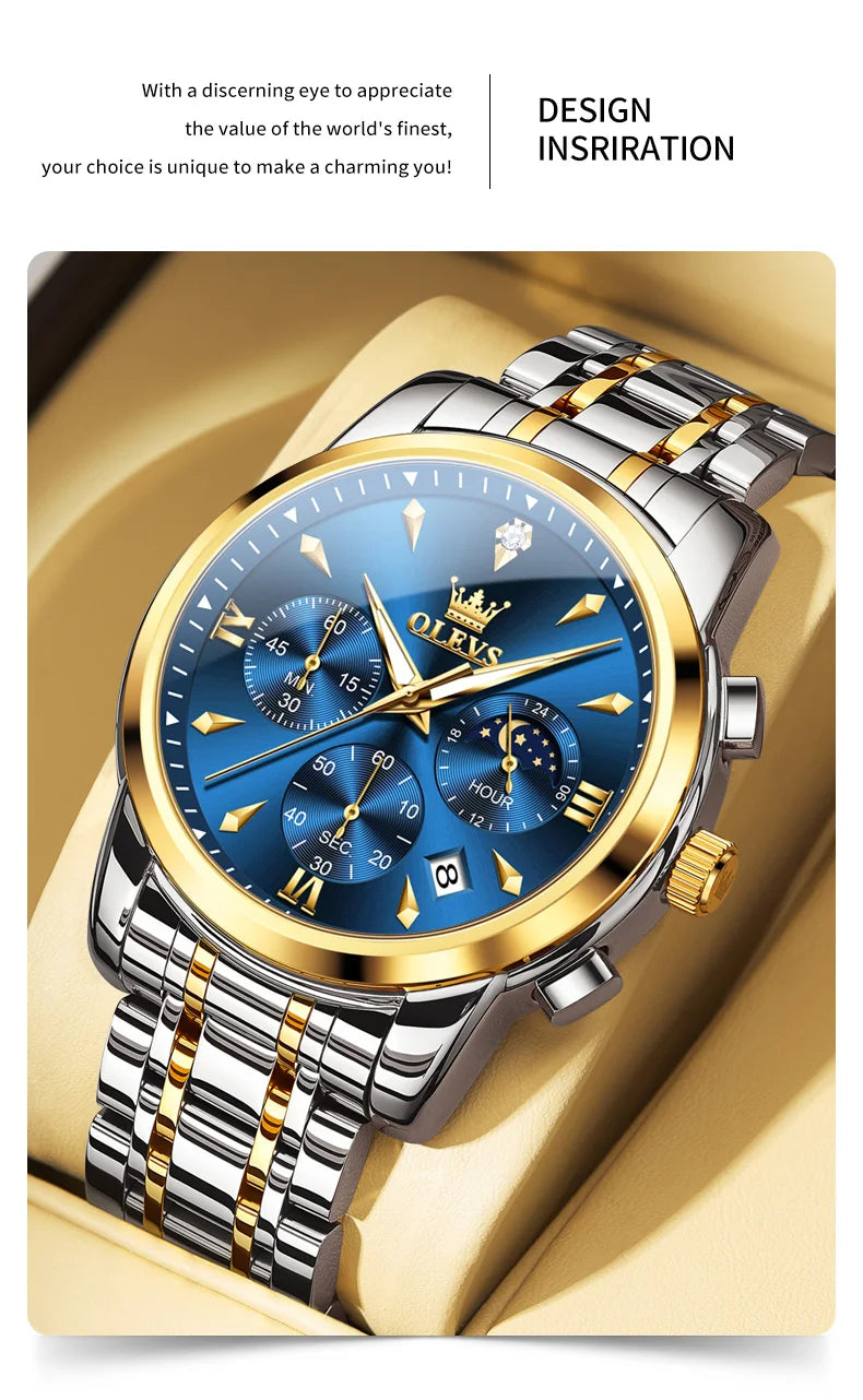 OLEVS 3639 Top Brand Original Luxury New Quartz Watch Stainless Steel Watch For Men Waterproof Luminous Moon Phase Mens Watch