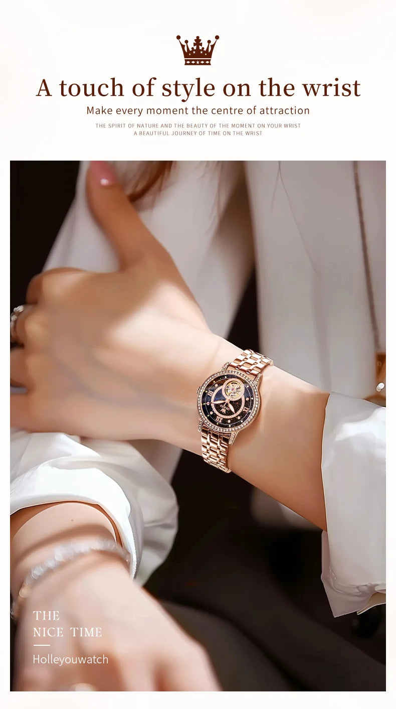 OLEVS Women's Watches Starry Sky Design Automatic Watch for Women Stainless Steel Flywheel Hollowed Ladies Mechanical Watch 7036