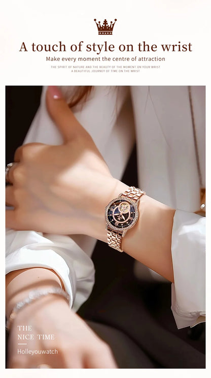 OLEVS Women's Watches Starry Sky Design Automatic Watch for Women Stainless Steel Flywheel Hollowed Ladies Mechanical Watch 7036