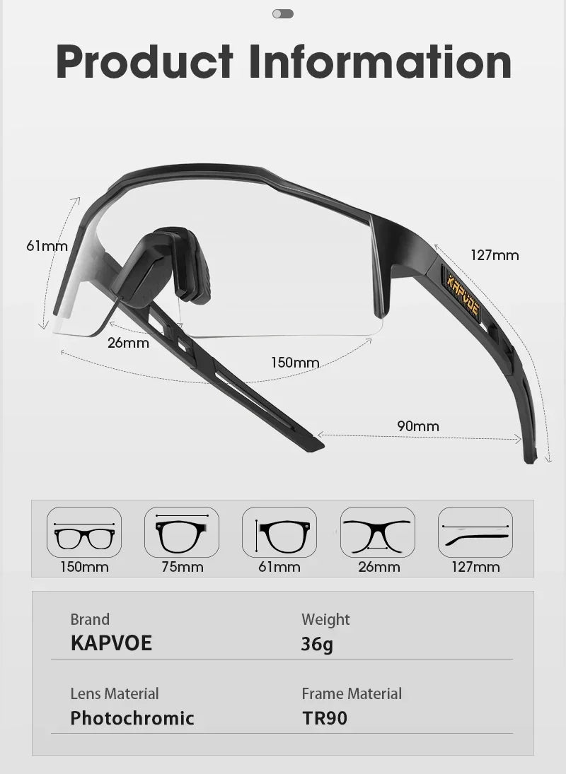 Kapvoe Fotochromowe okulary rowerowe dla mężczyzn Okulary modowe Rower górski Rower szosowy Okulary do jazdy na świeżym powietrzu Okulary sportowe MTB