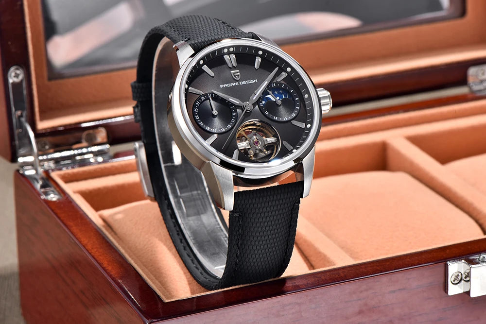 PAGANI DESIGN Newest 41MM Luxury Men's Mechanical Watch Sapphire Glass Leather Waterproof Pilot Tourbillon Moon Reroj Hombre
