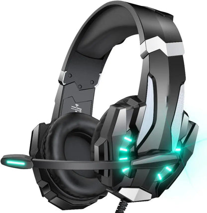 Casque de jeu G9000, casque supra-auriculaire filaire blanc avec microphone, éclairage LED, son stéréo pour PC, ordinateur portable et jeux vidéo.