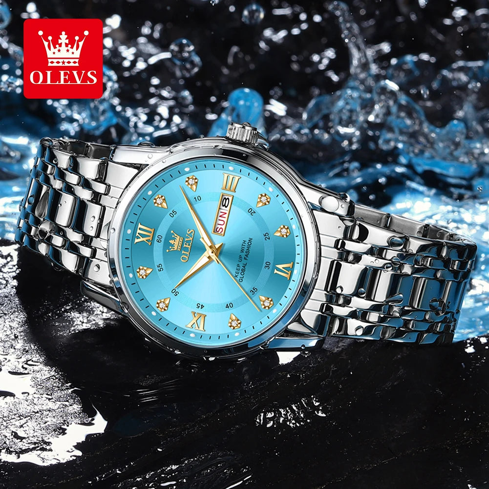 Montre à quartz pour homme OLEVS 5513 – Bracelet en acier, étanche, affichage lumineux, calendrier et jour de la semaine – Montre élégante et luxueuse, modèle original pour homme