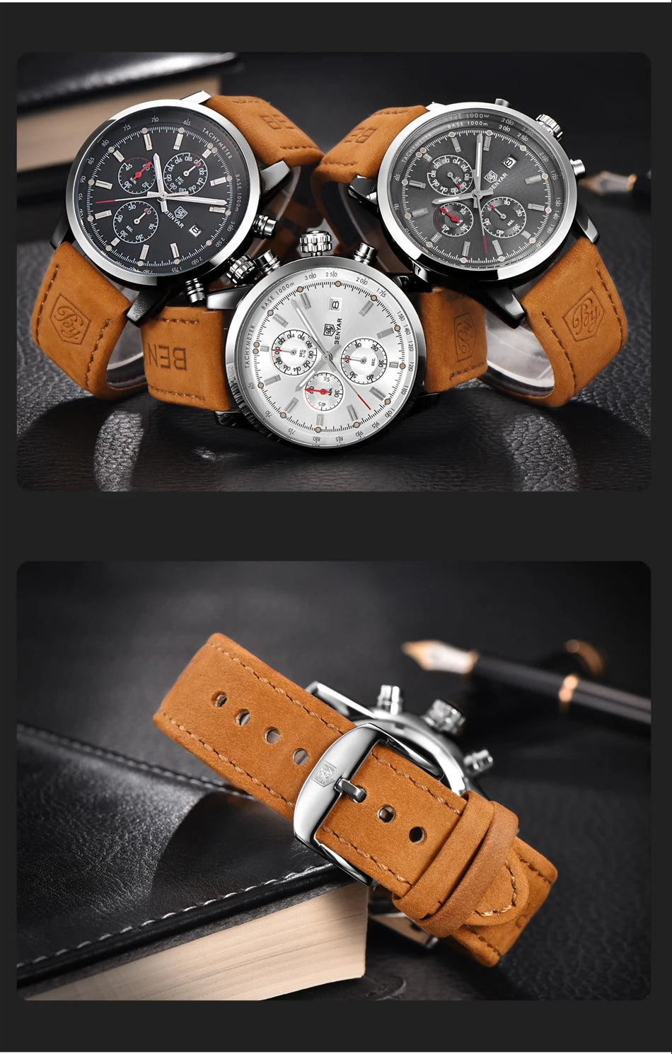 Montre pour homme BENYAR 5102 – Chronographe sportif de luxe à quartz, accessoire de mode d'une grande marque