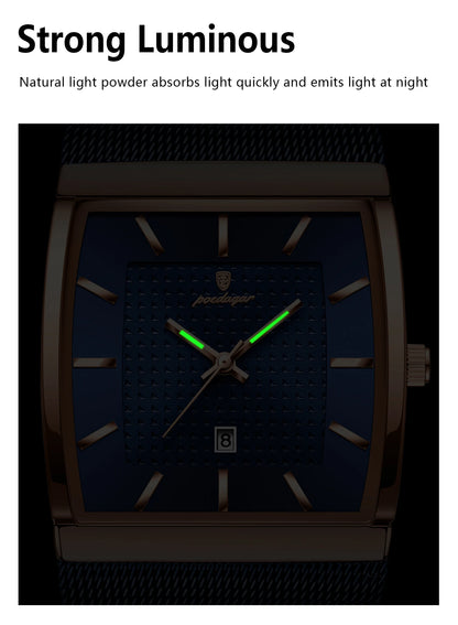 POEDAGAR Top Luxury Men Watch Stainless Steel Mesh Date Waterproof Luminous Man Wristwatch Casual Rectangle Quartz Men's Watches