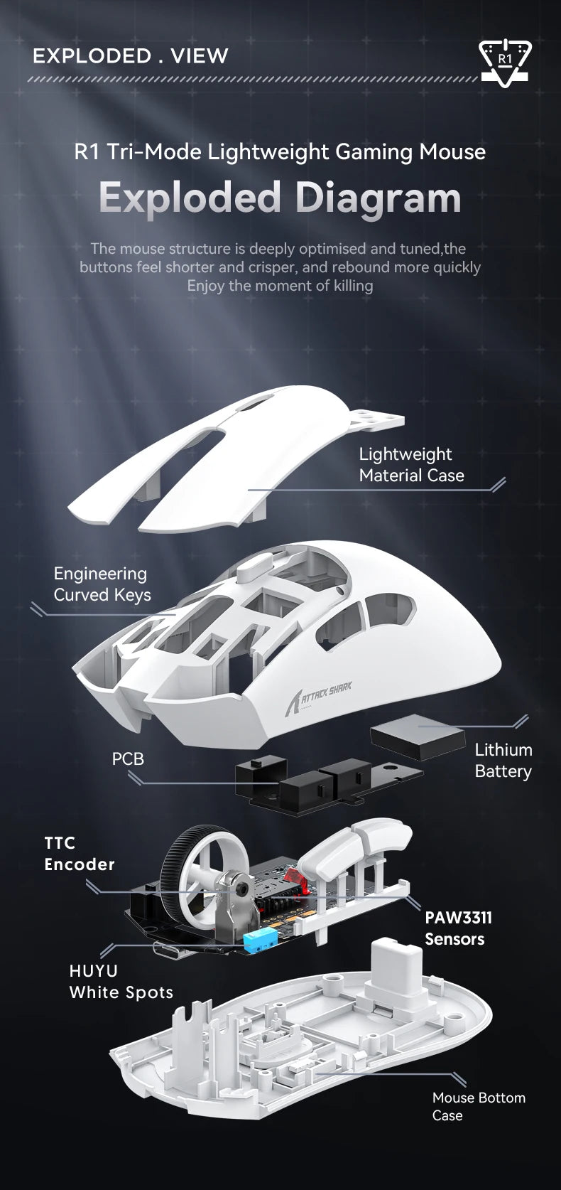 Attack Shark R1 Tri-Mode 2.4g-BT-Wired, PAW3311 18000DPI, 59g  Lightweight Gaming Mouse