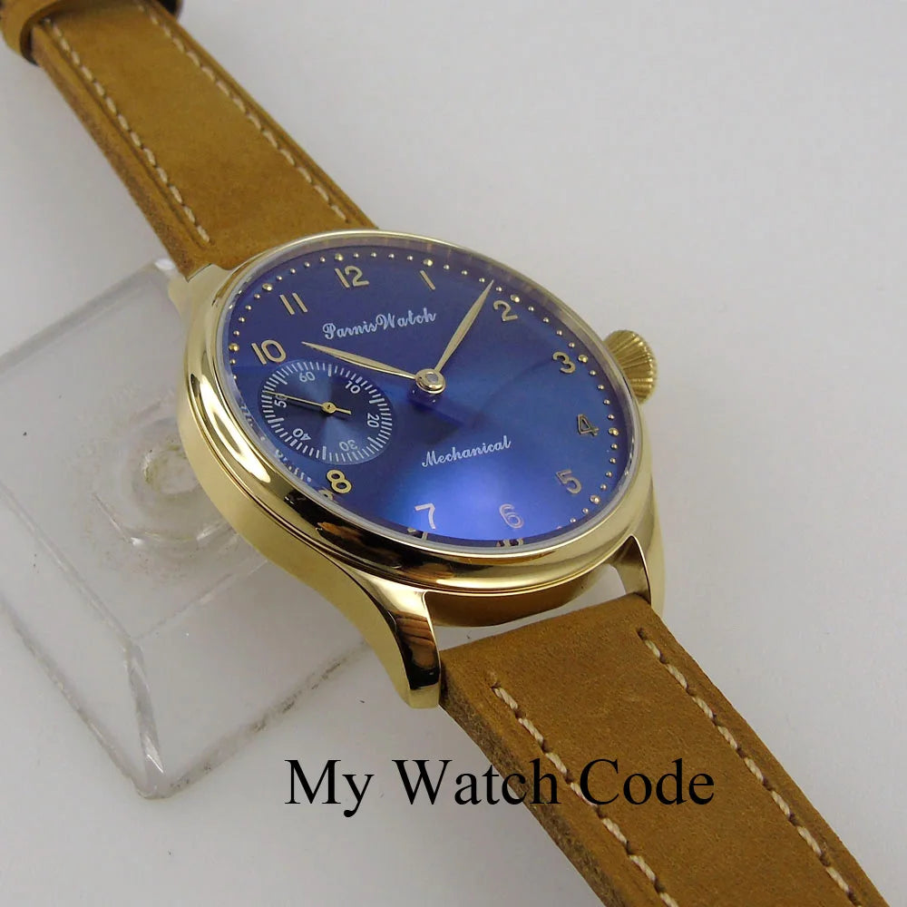 Vintage PARNIS Mechanical Hand Winding Watch Men Gold 44mm Steel Wristwatch Sport 17 Jewels 6497 Movtt Khaki Band Glass Back