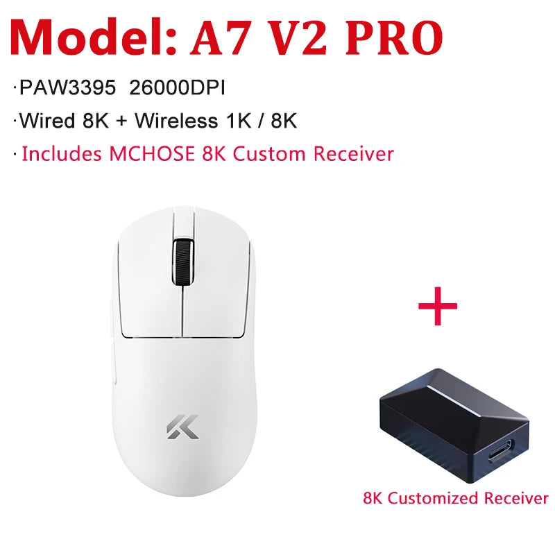 Mouse da gaming wireless leggero MCHOSE A7 V2 Ultra / Pro, Dual 8000Hz, PAW3950 TI, 42000DPI, per PC e gamer e-sport