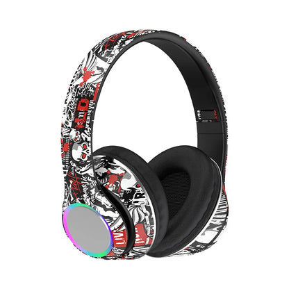 P85 Graffiti Wireless Headset Bluetooth 5.3 Gamer Headphones with Microphone Overhead Headphone with LED Light Foldable FM Radio