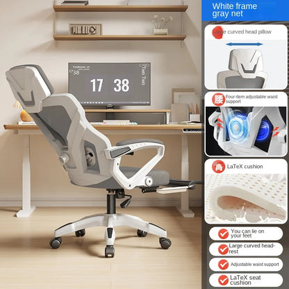 Ergonomisk lænesæde, komfortabel kontorstol, computerstol til hjemmet, studiekollegie, gamingstol med fodstøtte