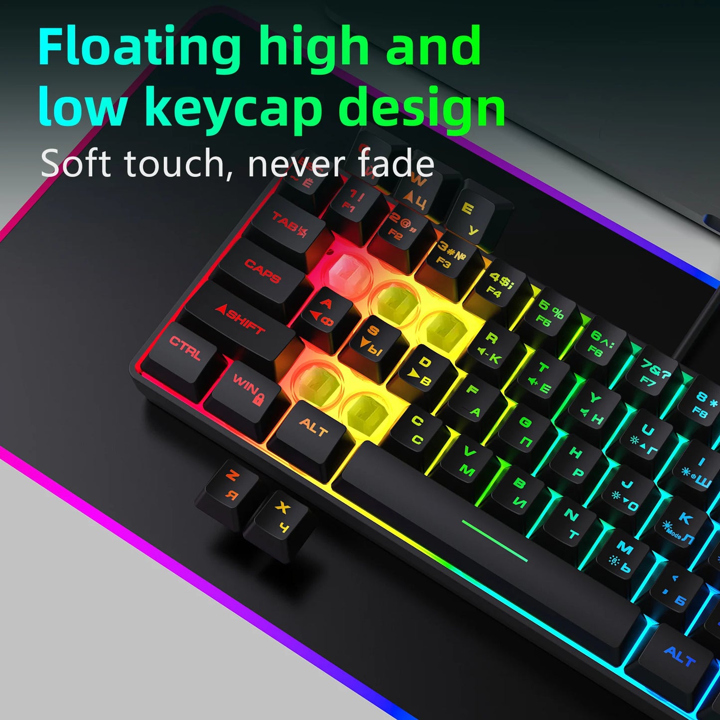 Tastiera da gaming, tastiera ultra-compatta a 61 tasti con retroilluminazione RGB russo/inglese, tastiera da ufficio impermeabile con sensazione meccanica per il gaming