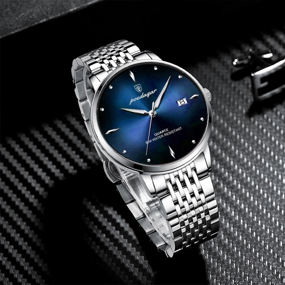 Montre homme POEDAGAR Business Quartz, acier inoxydable, étanche, date lumineuse, montre-bracelet de luxe décontractée pour homme