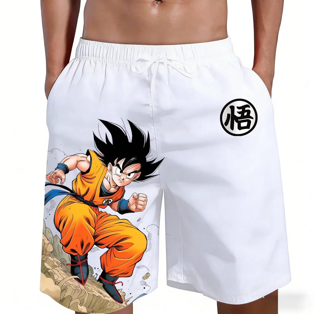 Nové šortky s potiskem anime symbolu kanji Goku z Dragon Ball – ležérní, volné, vysoce kvalitní, trendy grafika, letní, rychleschnoucí