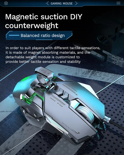 Mouse meccanico cablato RGB 6400 DPI con attrazione magnetica e contrappeso DIY per PC gaming e eSport