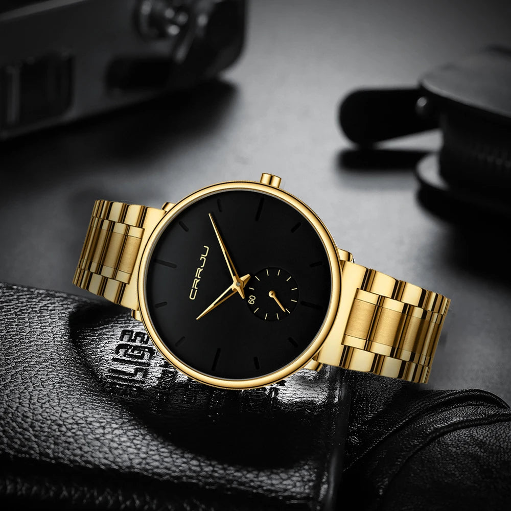 Montre pour homme CRRJU – Montre-bracelet en acier inoxydable, style décontracté et luxueux, étanche, montre de sport à quartz pour homme