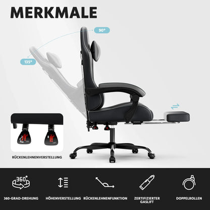 Black-Grey Ergonomic Gaming Chair, Lumbar Support, Breathable PU Leather, Adjustable Height & Backrest, 200kg for Office & PC