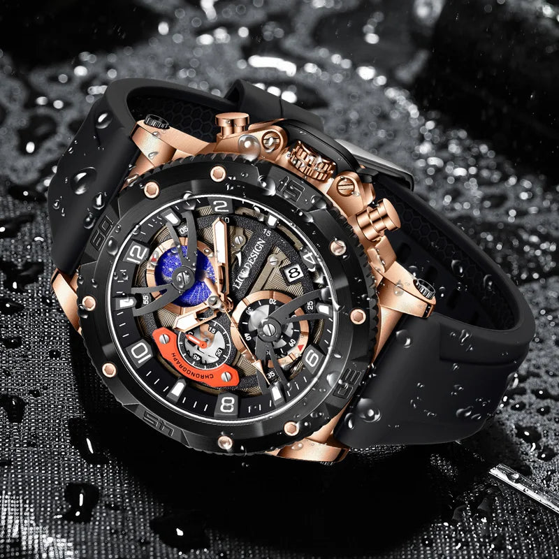 Montre pour homme LIGE Sports – Chronographe de luxe, bracelet en silicone, petits cadrans fonctionnels, mouvement à quartz, étanche et luminescente