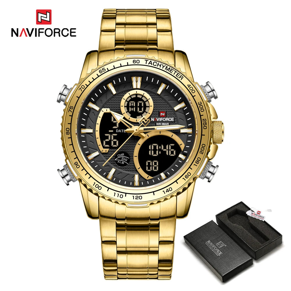 NAVIFORCE Men’s Sports Watch – Original luxury stainless steel wristwatch, water-resistant military-style model with dual display