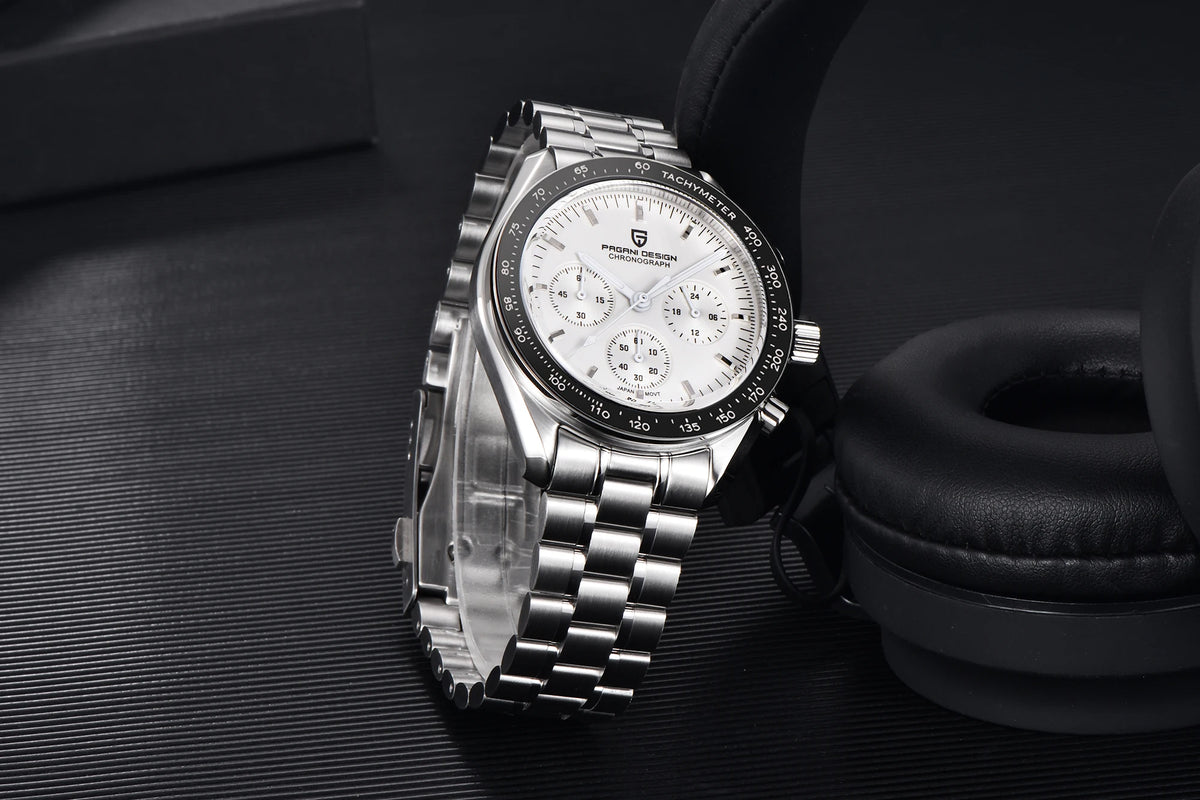 Montre pour homme PAGANI DESIGN « New Moon » – Montre à quartz de luxe, chronographe, verre saphir avec traitement antireflet, lunette en céramique, aiguilles luminescentes