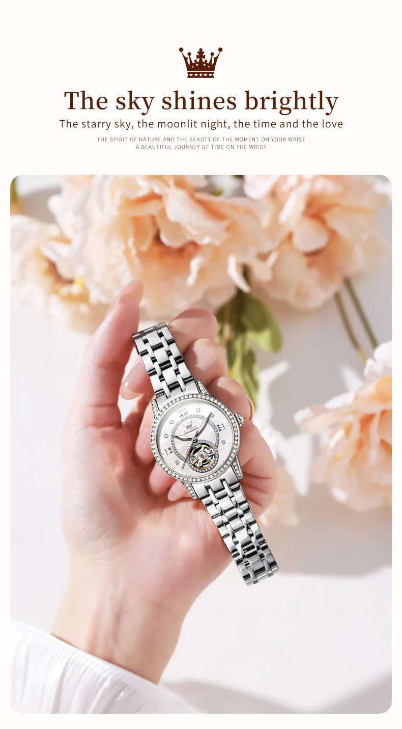 OLEVS Women's Watches Starry Sky Design Automatic Watch for Women Stainless Steel Flywheel Hollowed Ladies Mechanical Watch 7036