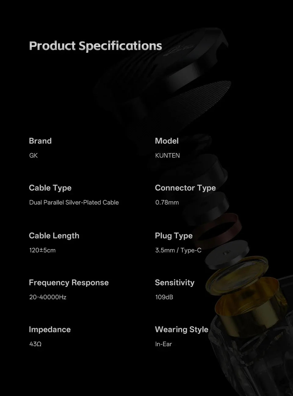 Kz Gk Kunten 1DD Dynamic Drive Earphone Hifi IEMs in ear Earbuds 2pin Detachable Cable Metal Gamer Audiophile headset