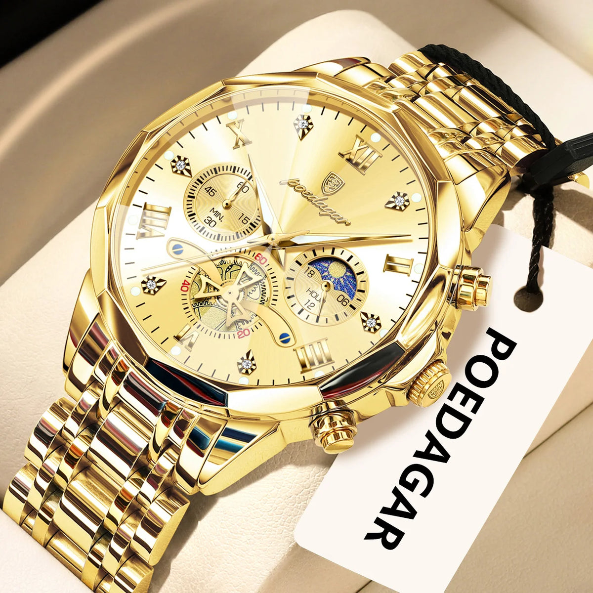 Montre homme POEDAGAR de luxe originale, étanche, chronographe lumineux, montre-bracelet en acier inoxydable à quartz, montres haut de gamme pour hommes