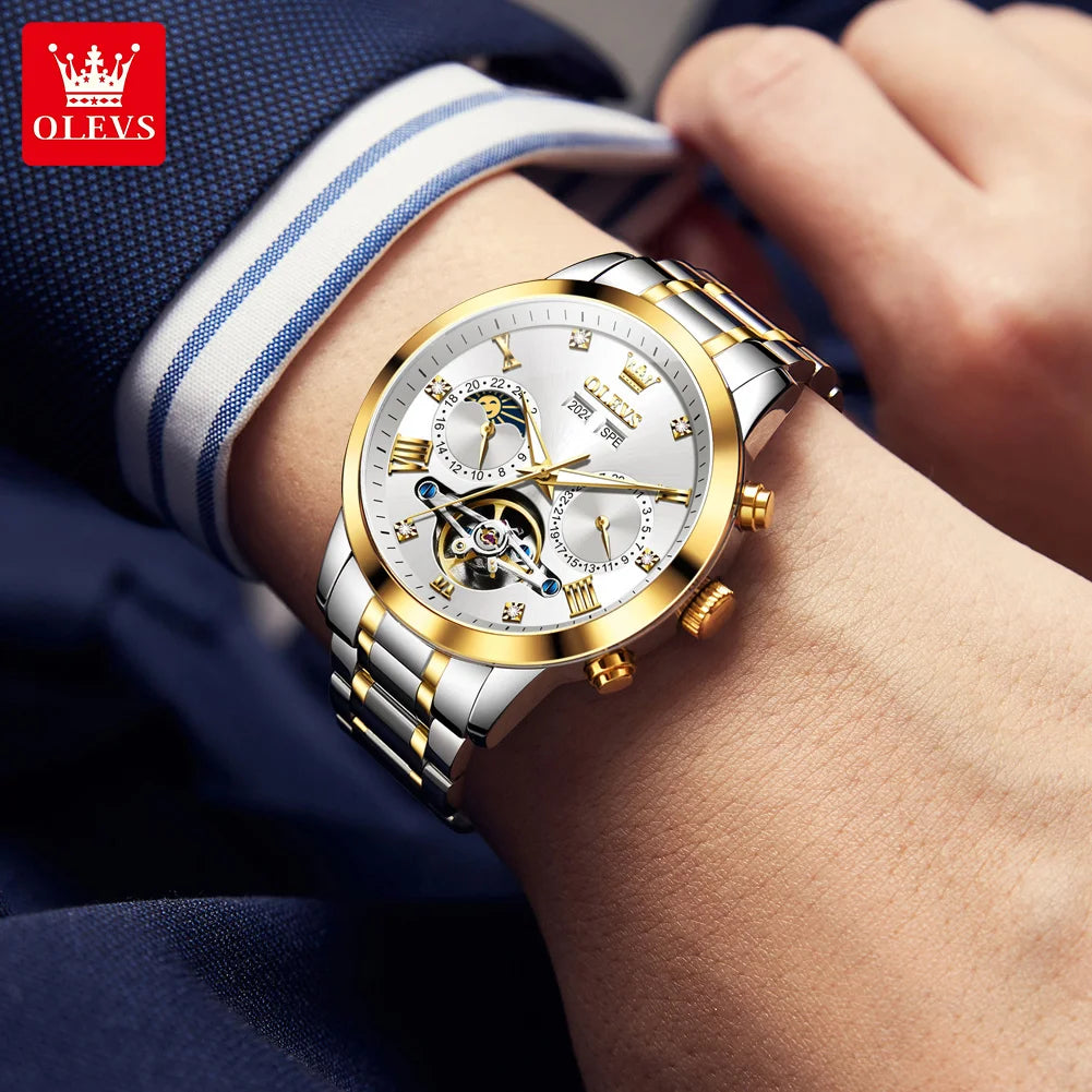 OLEVS Men's Watches Moon Phase Hollow Flywheel Exclusive Original Automatic Mechanical Watches For Men Luxury Man Watch New 7029