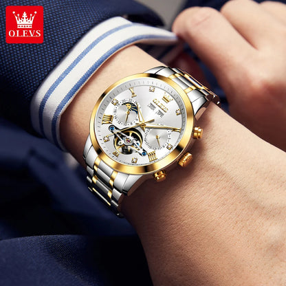 OLEVS Men's Watches Moon Phase Hollow Flywheel Exclusive Original Automatic Mechanical Watches For Men Luxury Man Watch New 7029