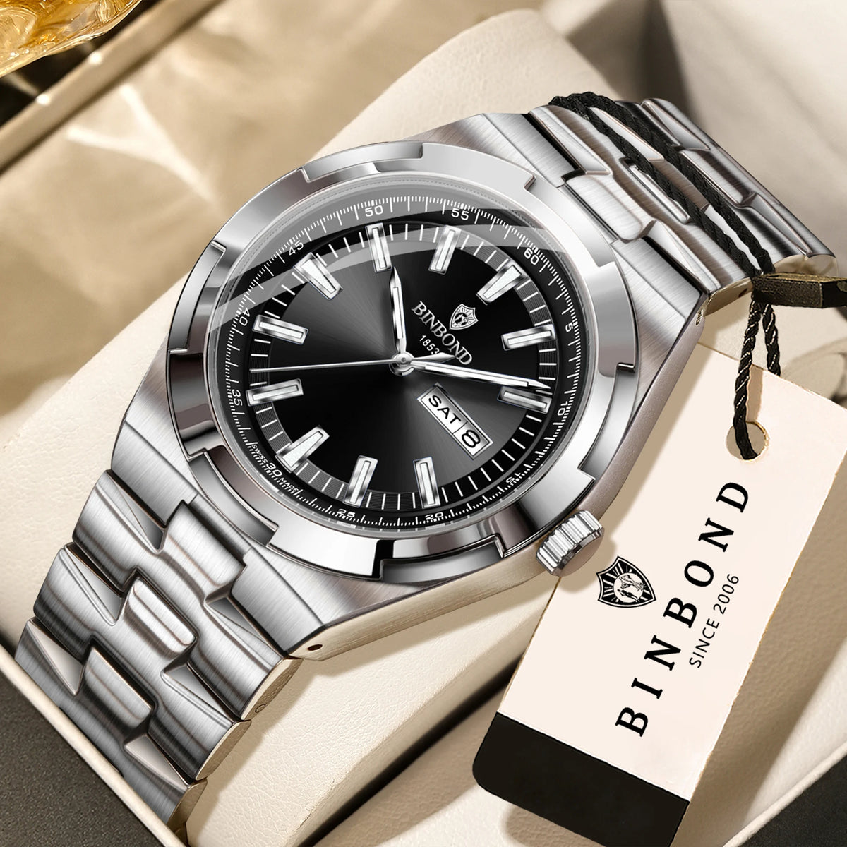 Montres à quartz BINBOND en acier inoxydable pour hommes – Montre de luxe, étanche et luminescente – Modèle original pour homme