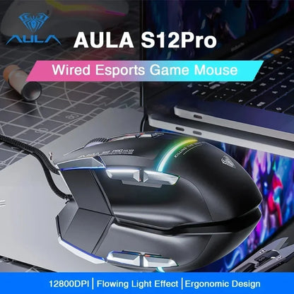 Mouse meccanico cablato AULA S12Pro 1000HZ 12800DPI RGB a bassa latenza con macro personalizzabili, mouse da gaming esports, accessori per PC gamer