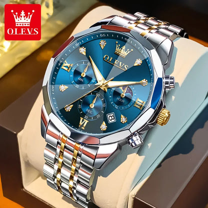 Montre homme OLEVS 3670, élégante, à phase de lune, à quartz, étanche, lumineuse, automatique, date, en acier inoxydable