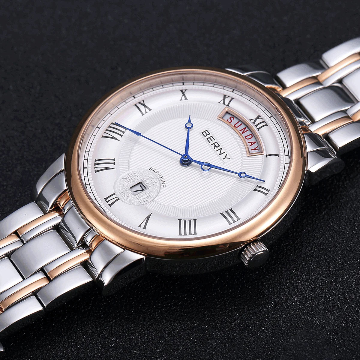 Montre à quartz pour homme BERNY, équipée d'un mouvement Miyota VJ55, modèle de luxe de haute qualité avec affichage du jour, boîtier en acier inoxydable, verre saphir et étanchéité.