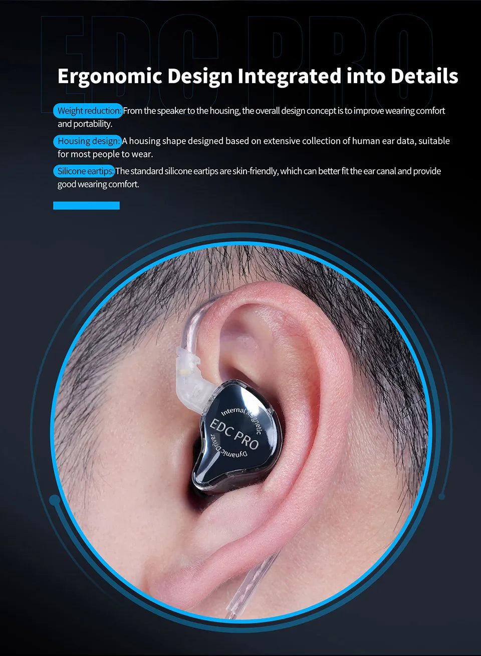 KZ EDC Pro Wire Earphone Large Dynamic Drivers Monitor Bass In-ear Headphone Cancelling Headset with Detachable Audio Cable