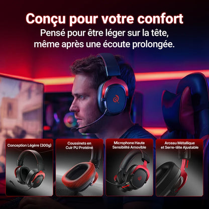 QCY Casque Gamer Sans Fil Heroad VT200 avec Microphone Détachable, Casque Over-Ear, Connexion Tri-Mode, Son Surround 7.1 pour PC, PS4 et PS5