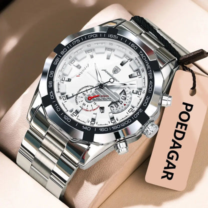 Montre homme de luxe POEDAGAR, étanche, lumineuse, date, sport, bracelet en acier inoxydable, mouvement à quartz.