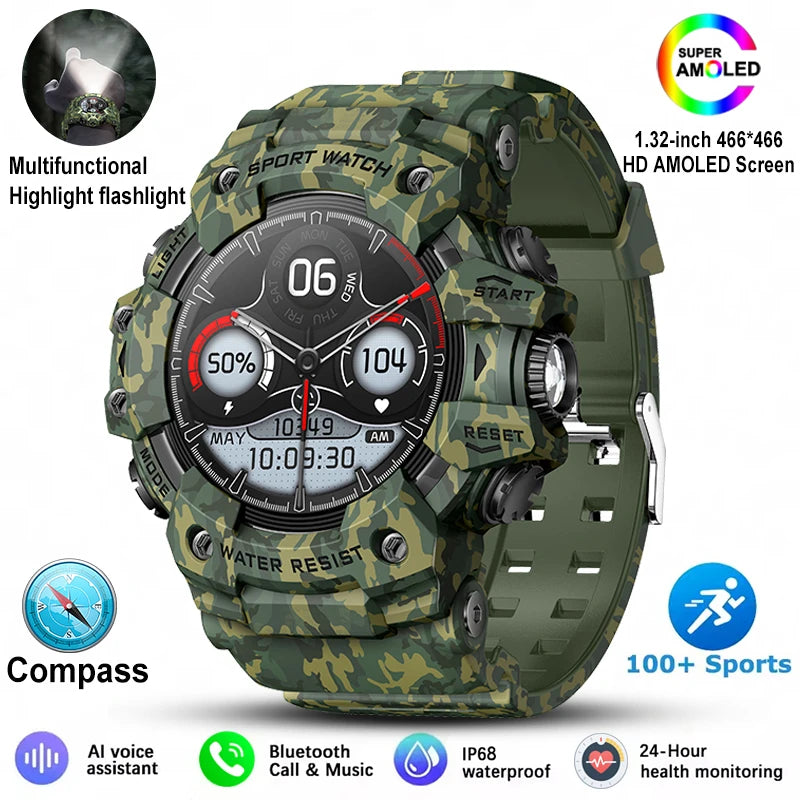 New Military Sports Smart Watch Men 100+ Sports Outdoor Fitness Compass Heart rate BT Call Waterproof Smartwatch For iOS Android