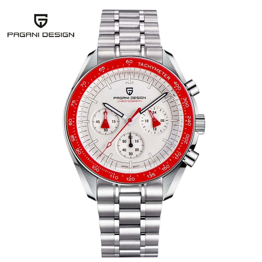 Montre pour homme PAGANI DESIGN « New Moon » – Montre à quartz de luxe, chronographe, verre saphir avec traitement antireflet, lunette en céramique, aiguilles luminescentes