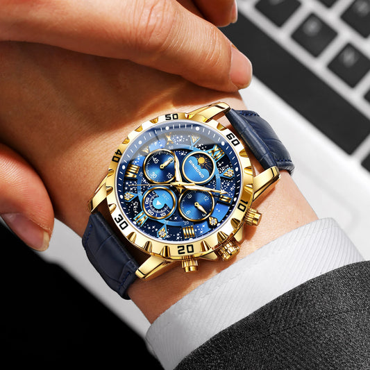 Montre-bracelet à quartz BINBOND authentique et précise pour homme, chronographe lumineux étanche de luxe avec bracelet en cuir.