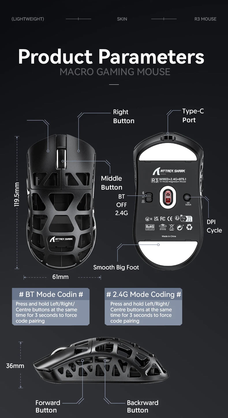 Mysz gamingowa ATTACK SHARK R3 ze stopu magnezu, konstrukcja honeycomb, ultralekka, 8K Hz, sensor PAW3395, 26000 DPI, ergonomiczna obudowa