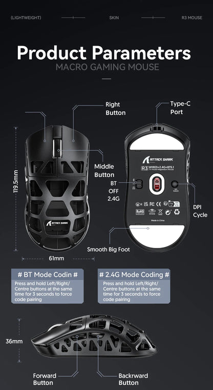 Mysz gamingowa ATTACK SHARK R3 ze stopu magnezu, konstrukcja honeycomb, ultralekka, 8K Hz, sensor PAW3395, 26000 DPI, ergonomiczna obudowa