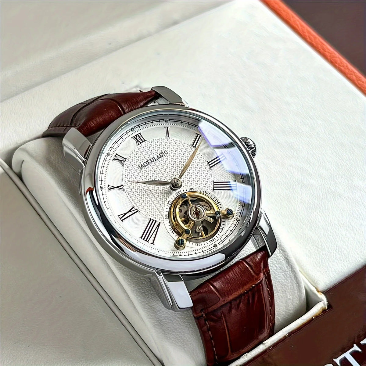 Montre mécanique automatique pour homme – Design squelette élégant, style « business casual » tendance, boîtier en alliage et bracelet en cuir, sans pile