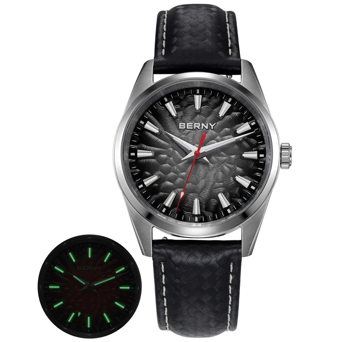 Montre pour homme BERNY – Montre à quartz élégante et classique, étanche à 10 ATM, dotée d'un verre saphir et d'aiguilles luminescentes, idéale pour une tenue habillée ou professionnelle, avec bracelet en cuir.